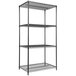 A black metal Alera wire shelving unit with four shelves.