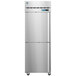 A silver Hoshizaki reach-in refrigerator with a metal handle on wheels.