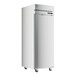A stainless steel Hoshizaki reach-in refrigerator on wheels.