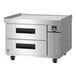 A stainless steel two-drawer refrigerated chef base on casters.