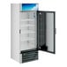 A white Hoshizaki glass door refrigerator with shelves.