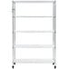An Alera silver steel wire shelving unit on wheels.