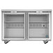 A Hoshizaki stainless steel undercounter refrigerator with two glass doors open.