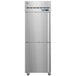 A silver Hoshizaki reach-in freezer with half solid doors.