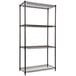 A black metal Alera wire shelving unit with four shelves.