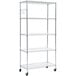 An Alera silver steel wire shelving unit with wheels.