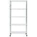 A silver metal Alera mobile wire shelving unit with four shelves and wheels.