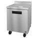 A stainless steel Hoshizaki worktop freezer on wheels.
