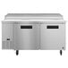 A stainless steel commercial pizza prep refrigerator with two doors.