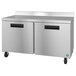 A Hoshizaki stainless steel worktop freezer with black handles.