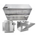 A commercial kitchen conveyor pizza oven hood system package with a stainless steel hood, exhaust fan, and makeup air unit.
