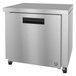 A silver stainless steel Hoshizaki undercounter refrigerator with a black handle.