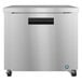 A silver stainless steel Hoshizaki undercounter refrigerator with a black handle.