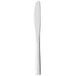 A Libbey stainless steel entree knife with a white handle on a white background.