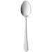 A Libbey stainless steel dessert spoon with a white handle.