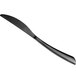 A black dinner knife with a handle on a white background.