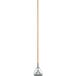 A Rubbermaid wood mop handle with a yellow metal top.