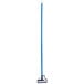 A blue Carlisle mop handle with a plastic head and quick-release feature.