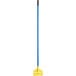 A blue and yellow Rubbermaid fiberglass mop handle.