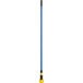 A blue Rubbermaid mop handle with a yellow jaw.