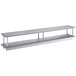 A Regency stainless steel wall mount shelf with two shelves and metal rods.