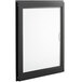 A black rectangular door with a white glass panel.