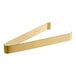 A pair of room360 matte brass brushed stainless steel tongs with gold handles.