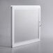 A white rectangular glass door with a silver handle.