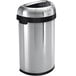 A silver stainless steel semi-round trash can with a black lid.