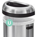 a silver trash can with a black lid