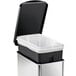 a black and white trash can