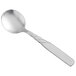 A World Tableware stainless steel bouillon spoon with a handle.