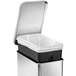 A simplehuman brushed stainless steel rectangular trash can with a lid.