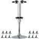 A silver metal rack with black and silver Precision Pours rotary liquor pourers.