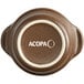 A brown stoneware sauce cup with white text that reads "Acopa" on it.