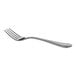 A close-up of a Oneida New Rim stainless steel dinner fork with a white handle.