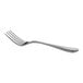 A close-up of the silver handle of a Oneida New Rim European table fork.