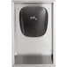 A stainless steel rectangular hand dryer with a black lid.