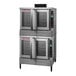 A close-up of a stainless steel Blodgett double deck convection oven with two doors.