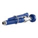A blue and silver Waterloo pre-rinse spray valve nozzle with a ring on a blue hose.