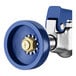A Waterloo pre-rinse spray valve with a blue and silver wheel and gold nut.