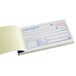 An Adams money and rent receipt book open to a blank yellow page.