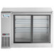 An Avantco stainless steel back bar refrigerator with glass doors.