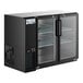 An Avantco black back bar refrigerator with glass doors open.