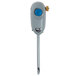 A grey plastic Dema Fusion One bottle filling chemical dispenser with a blue push button.