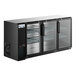 An Avantco black underbar height back bar refrigerator with glass doors on shelves.