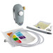 A grey Dema Fusion One bottle filling dispenser with a white push button and a hose attached.