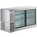 An Avantco stainless steel back bar refrigerator with narrow sliding glass doors.