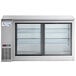 An Avantco stainless steel back bar refrigerator with narrow sliding glass doors.