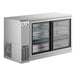 An Avantco stainless steel back bar refrigerator with two narrow sliding glass doors.